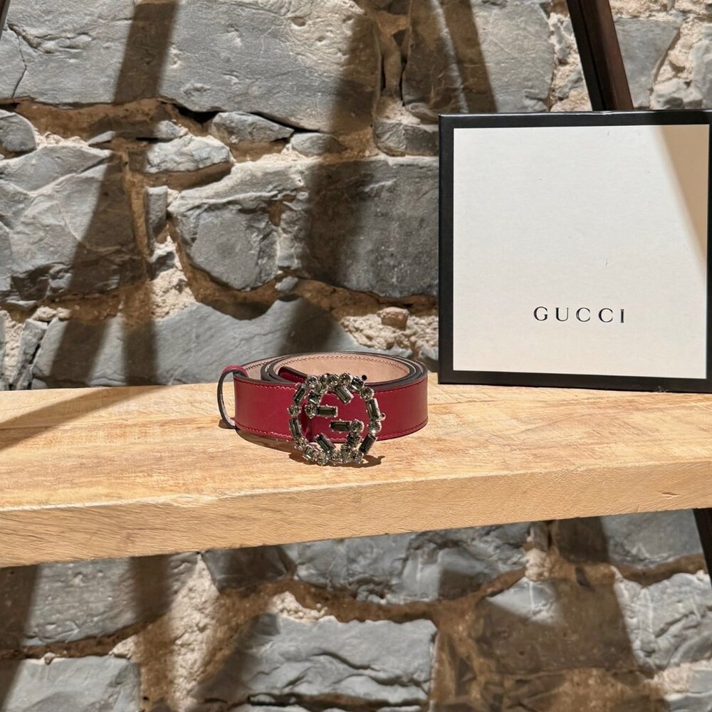 Gucci GG Burgundy Leather Crystal GG Buckle Belt
